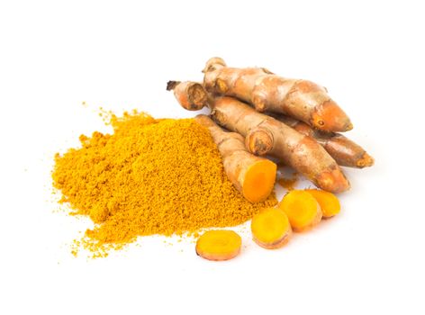 Turmeric power and fresh turmeric roots on white background, herb and healthy care concept