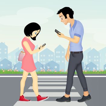 illustration of people walking with smartphone on pedestrian crossing