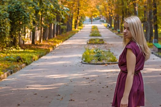 girl dressed in a dress on the autumn alley