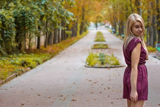 girl dressed in a dress on the autumn alley
