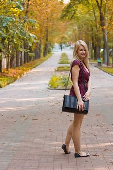 girl dressed in a dress on the autumn alley