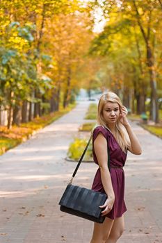 girl dressed in a dress on the autumn alley