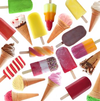 Flat lay view of many icecream, ice lollies and popsicles as a collection over a white background