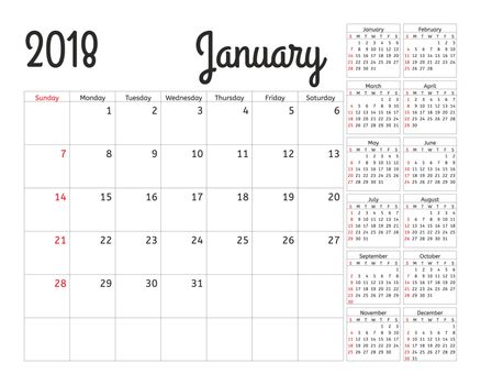 Simple calendar planner for 2018 year. Calendar planning week. design January template. Set of 12 Months. week starts Sunday.