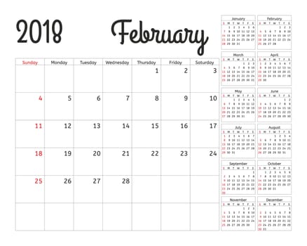 Simple calendar planner for 2018 year. Calendar planning week. design February template. Set of 12 Months. week starts Sunday.