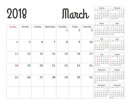Simple calendar planner for 2018 year. Calendar planning week. design March template. Set of 12 Months. week starts Sunday.