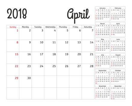 Simple calendar planner for 2018 year. Calendar planning week. design April template. Set of 12 Months. week starts Sunday.