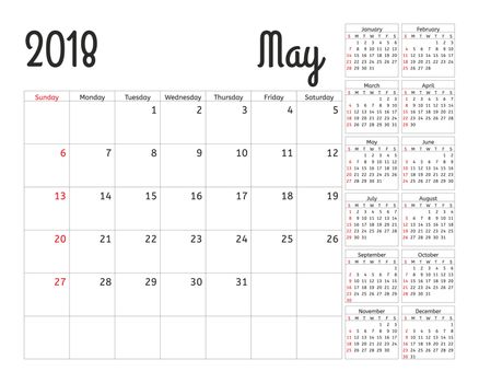 Simple calendar planner for 2018 year. Calendar planning week. design May template. Set of 12 Months. week starts Sunday.