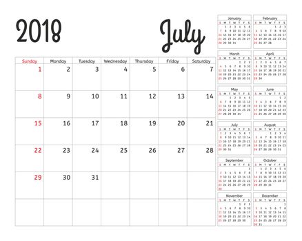 Simple calendar planner for 2018 year. Calendar planning week. design July template. Set of 12 Months. week starts Sunday.