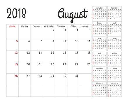 Simple calendar planner for 2018 year. Calendar planning week. design August template. Set of 12 Months. week starts Sunday.