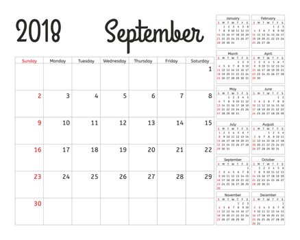 Simple calendar planner for 2018 year. Calendar planning week. design September template. Set of 12 Months. week starts Sunday.