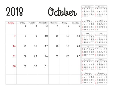 Simple calendar planner for 2018 year. Calendar planning week. design October template. Set of 12 Months. week starts Sunday.