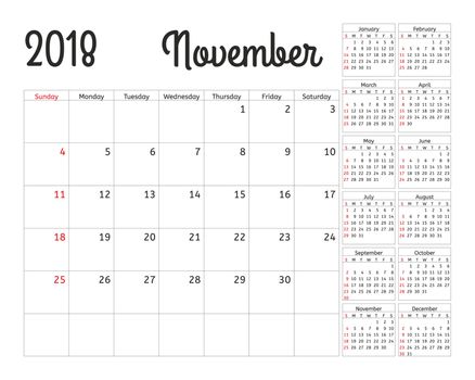 Simple calendar planner for 2018 year. Calendar planning week. design November template. Set of 12 Months. week starts Sunday.