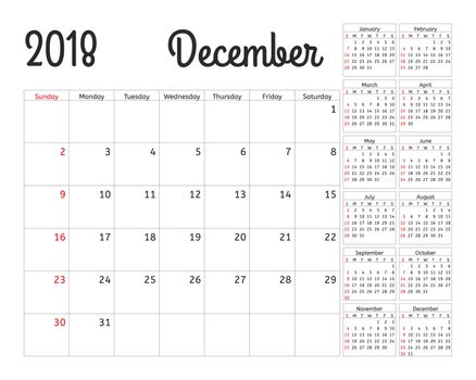 Simple calendar planner for 2018 year. Calendar planning week. design December template. Set of 12 Months. week starts Sunday.