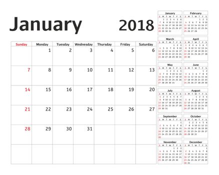 Simple calendar planner for 2018 year. Calendar planning week. design January template. Set of 12 Months. week starts Sunday.