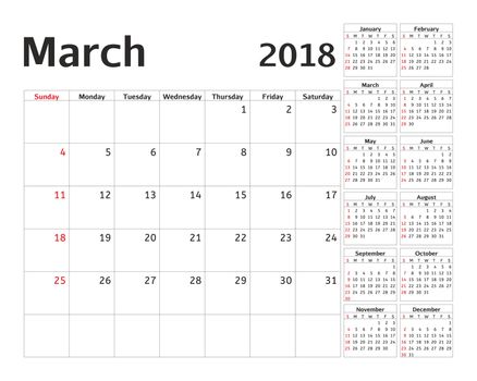 Simple calendar planner for 2018 year. Calendar planning week. design March template. Set of 12 Months. week starts Sunday.