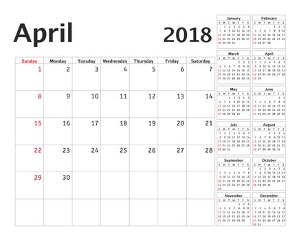 Simple calendar planner for 2018 year. Calendar planning week. design April template. Set of 12 Months. week starts Sunday.