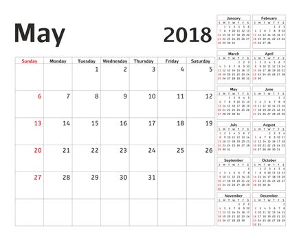 Simple calendar planner for 2018 year. Calendar planning week. design May template. Set of 12 Months. week starts Sunday.