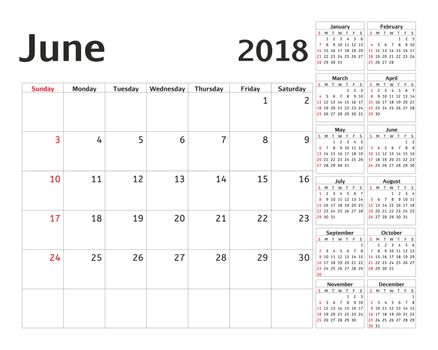 Simple calendar planner for 2018 year. Calendar planning week. design June template. Set of 12 Months. week starts Sunday.
