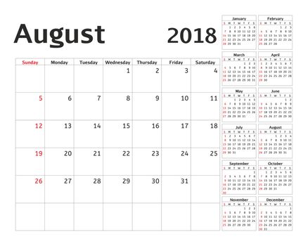 Simple calendar planner for 2018 year. Calendar planning week. design August template. Set of 12 Months. week starts Sunday.