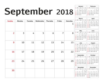 Simple calendar planner for 2018 year. Calendar planning week. design September template. Set of 12 Months. week starts Sunday.