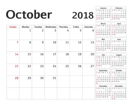 Simple calendar planner for 2018 year. Calendar planning week. design October template. Set of 12 Months. week starts Sunday.