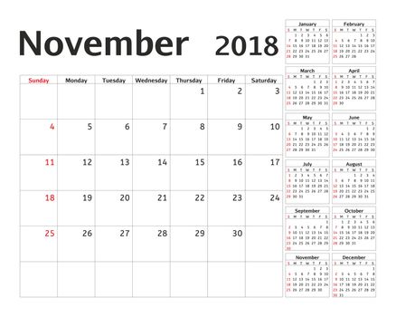 Simple calendar planner for 2018 year. Calendar planning week. design November template. Set of 12 Months. week starts Sunday.