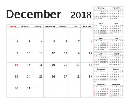 Simple calendar planner for 2018 year. Calendar planning week. design December template. Set of 12 Months. week starts Sunday.