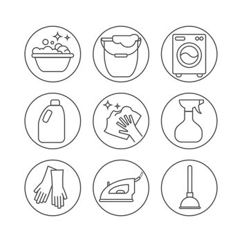 Clean, wash line icons. Washing machine, sponge, mop, iron, vacuum cleaner, shovel and other cleaning icon. Order in the house thin linear signs for cleaning service.