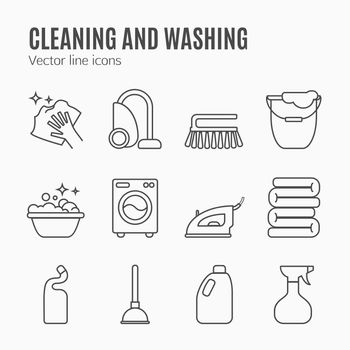 Clean, wash line icons. Washing machine, sponge, mop, iron, vacuum cleaner, shovel and other cleaning icon. Order in the house thin linear signs for cleaning service.