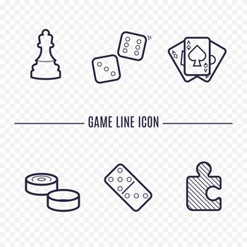 Games linear icons. Chess, dice, cards, checkers and other board games. Game thin linear signs. Outline concept for websites, infographic, mobile app.