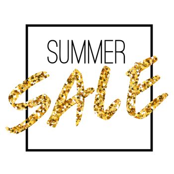 Gold text summer sale in frame. Golden sparcle foil frame. Abstract golden background hand text.