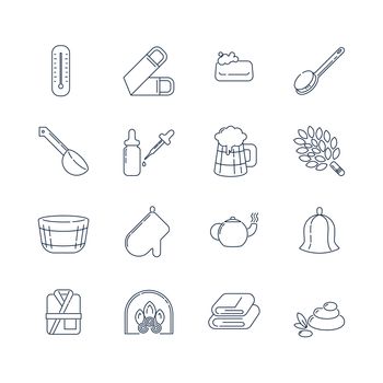 Spa, sauna linear icons. Washcloth, soap, ladle, aromatic oil, beer, broom for a bath and other accessories for spa relaxation. Health and body care thin line icons.