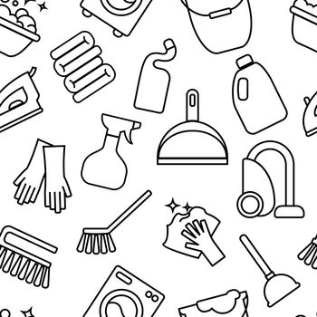 Cleaning, wash line icons. Washing machine, sponge, mop, iron, vacuum cleaner, shovel clining background. Order in the house thin linear backdrop for cleaning service.