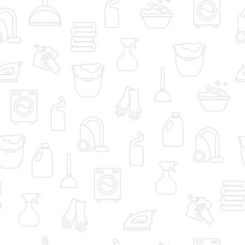 Cleaning, wash line icons. Washing machine, sponge, mop, iron, vacuum cleaner, shovel clining background. Order in the house thin linear backdrop for cleaning service.