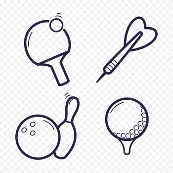 Games linear icons. Ping-pong, golf, bowling, darts leisure activities. Gambling, sport game line icons.