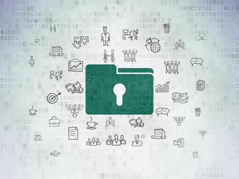 Business concept: Painted green Folder With Keyhole icon on Digital Data Paper background with  Hand Drawn Business Icons