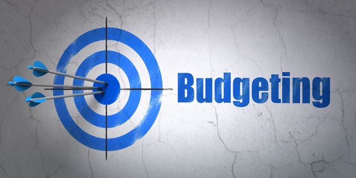 Success finance concept: arrows hitting the center of target, Blue Budgeting on wall background, 3D rendering