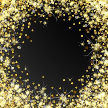 Gold glitter frame with empty space for text. Scattered golden confetti border on transparent background. Bright shining gold. Rich luxury fashion glitter backdrop. Golden round dots.