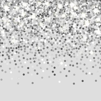 Falling silver particles background. Scattered silver confetti. Rich luxury fashion backdrop. Bright shining glitter. Round dots illustration.