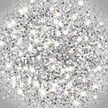 Falling silver particles background. Scattered silver confetti. Rich luxury fashion backdrop. Bright shining glitter. Round dots illustration.