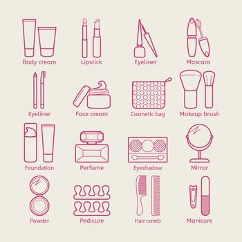  cosmetic icons. Mascara, lipstick, powder, eye shadow, perfume, cream, foundation, eyeliner, mirror, hair comb and other make-up items. Makeup thin linear signs for manicure, pedicure and Visage.