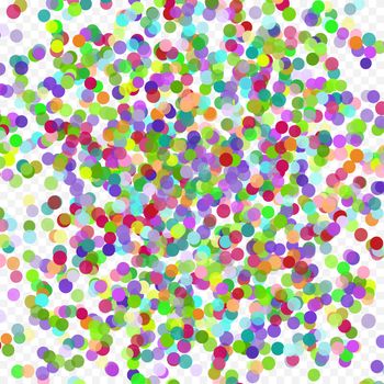 Multicolored paper confetti on transparent background. Realistic holiday decorations flying. Background for holiday cards, greetings. Colorful flying falling the elements of decoration of the celebration.