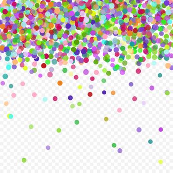 Multicolored paper confetti on transparent background. Realistic holiday decorations flying. Background for holiday cards, greetings. Colorful flying falling the elements of decoration of the celebration.