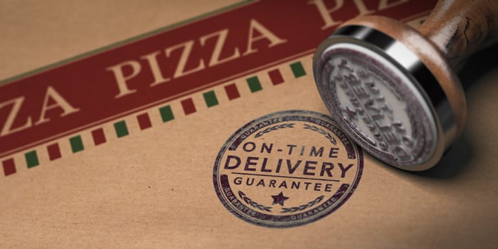 Rubber stamp and pizza carton box with focus on on-time delivery guarantee text stamped on the cardboard, 3D illustration