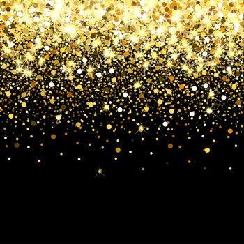 Falling golden particles on a black background. Scattered golden confetti. Bright shining gold. Rich luxury fashion glitter backdrop. Gold round dots.