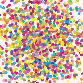 Multicolored paper confetti on transparent background. Realistic holiday decorations flying. Background for holiday cards, greetings. Colorful scattered elements decoration of the celebration.