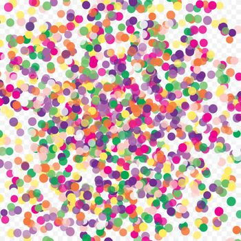 Multicolored paper confetti on transparent background. Realistic holiday decorations flying. Background for holiday cards, greetings. Colorful scattered elements decoration of the celebration.