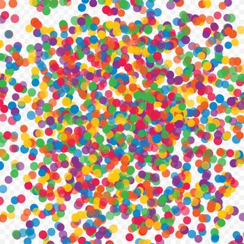 Multicolored paper confetti on transparent background. Realistic holiday decorations flying. Background for holiday cards, greetings. Colorful scattered elements decoration of the celebration.