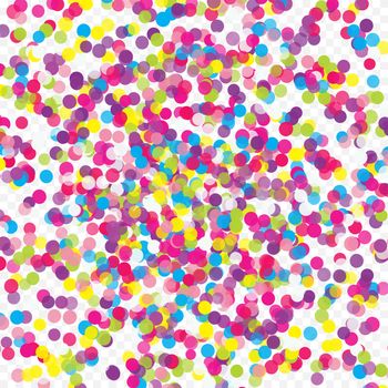Multicolored paper confetti on transparent background. Realistic holiday decorations flying. Background for holiday cards, greetings. Colorful scattered elements decoration of the celebration.